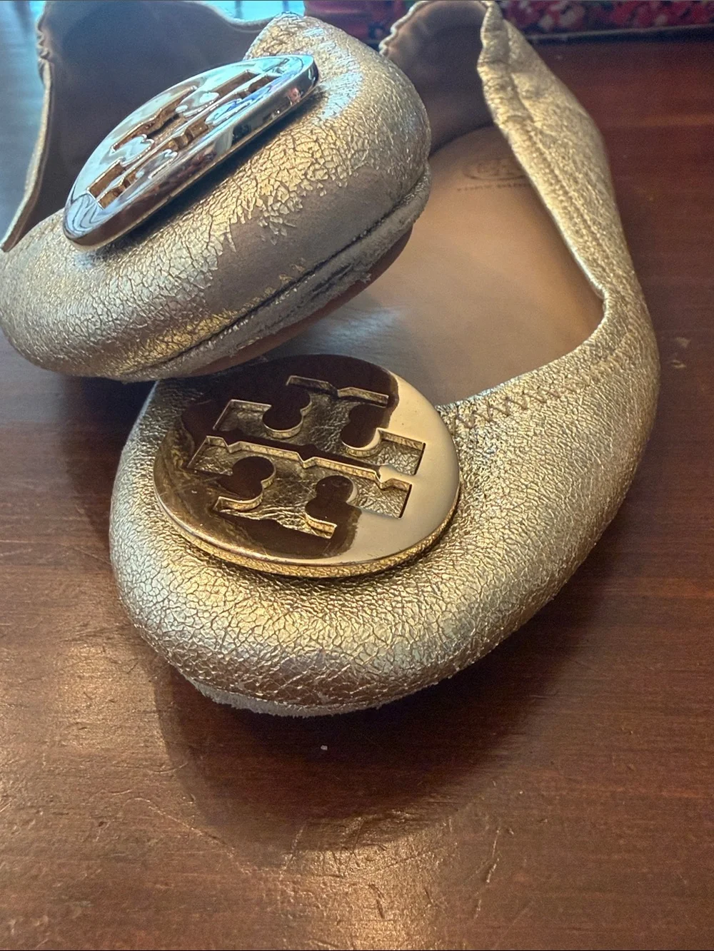 Tory Burch Metallic Gold Logo Ballet Flats